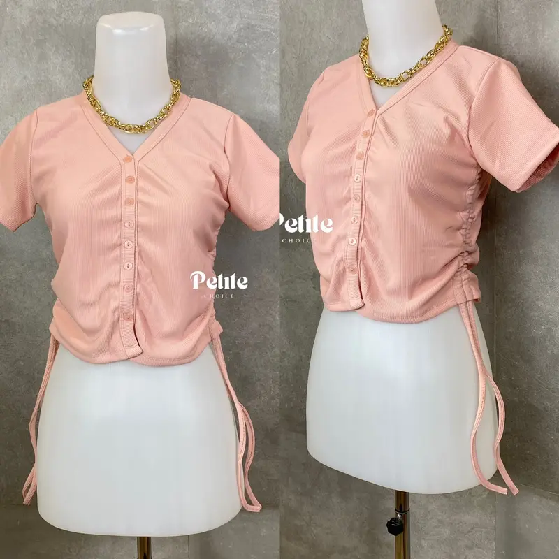 Petitechoice | HANI Top — Atasan wanita knit stretch serut casual slim fitting kancing mati tali crop korean Knitwear  Nyaman Cantik Vneck 5