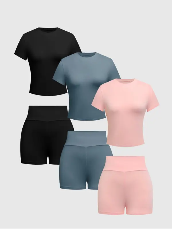 Women's Solid Round Neck Tee & Skinny Shorts Set, Casual Short Sleeve T-shirt & Short Leggings, Ladies Summer Clothes, Matching Set 5