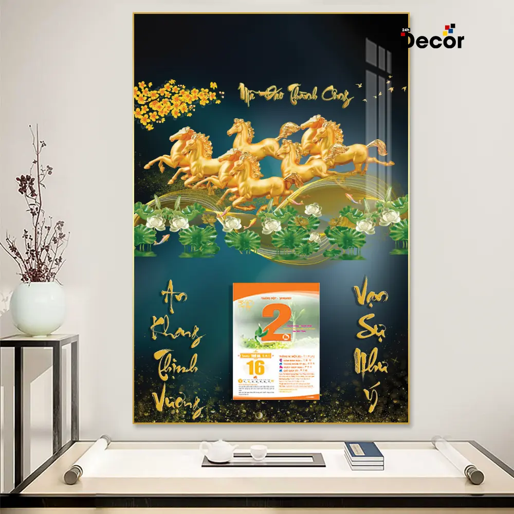 Lịch Tết 2025 - Lịch Gỗ tráng gương Mã Đáo Thành Công- Viền vàng cao cấp - Tặng kèm Bloc đại