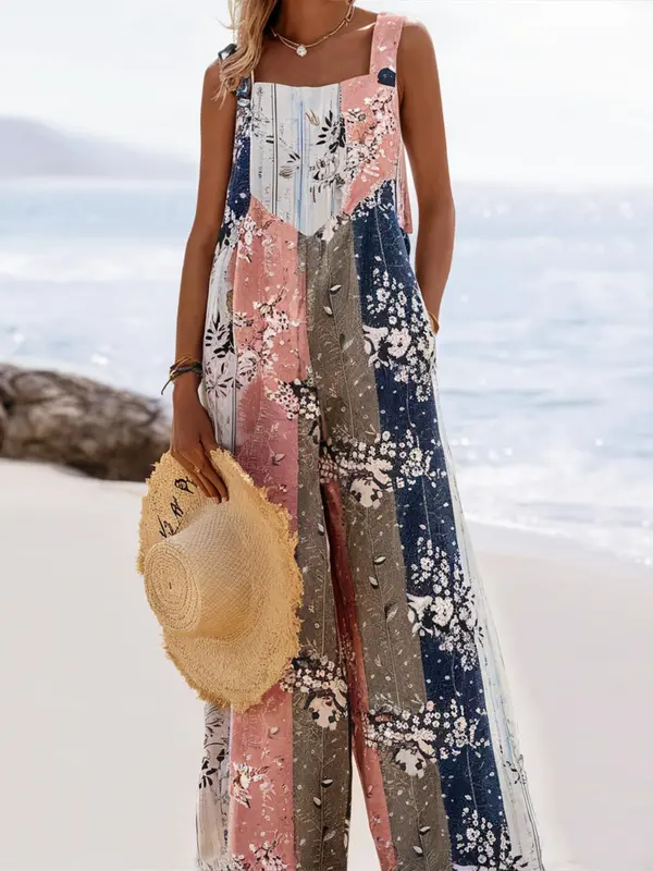 【Plus Size】 All Over Floral Print Tie Shoulder Cami Romper, Boho Casual Sleeveless Jumpsuit for Beach Holiday Vacation, Women's Plus Clothing for Summer, Womenswear 3