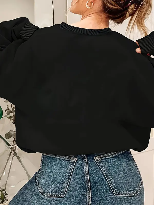 【Plus Size】 Letter Print Crew Neck Sweatshirt, Casual Long Sleeve Pullover for Women, Women's Clothing for Fall & Winter 1