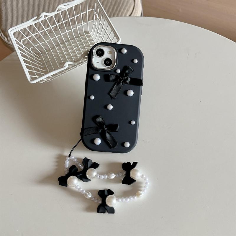Product Introduction of Bowknot Decor Phone Case with Faux Pearl Beaded Lanyard, Cute Fashion Phone Protective Case, Full Coverage Shockproof Phone Cover Compatible with iPhone 15 14 13 ProMax 15