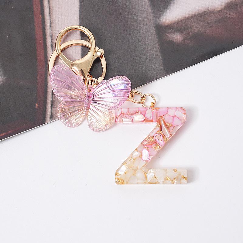 Product Introduction of [QQQ]Pink Dream Butterfly 26 Letters A To Z Resin Keychain 26 Initials White Stone  Leaf Pendant Keyring Backpack Charm Bag Decor 22