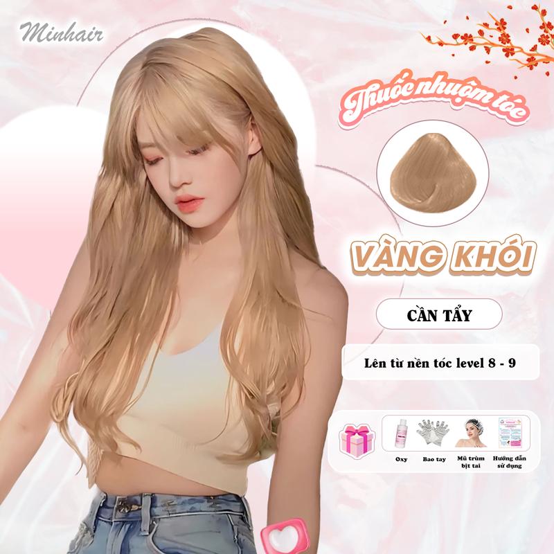 Thuốc nhuộm tóc Vàng Khói cần tẩy tóc, tặng kèm oxi trợ dưỡng và bao tay, Minhair Đổi Màu Tóc Nam Nữ Women Dưỡng Tóc