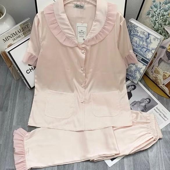 Bộ đồ mặc nhà pizama tay ngắn quần dài CỔ BÈO phối voan chất vải lụa latin mềm mịn dành cho nữ từ 40-60kg pijama ngủ áo hai 1