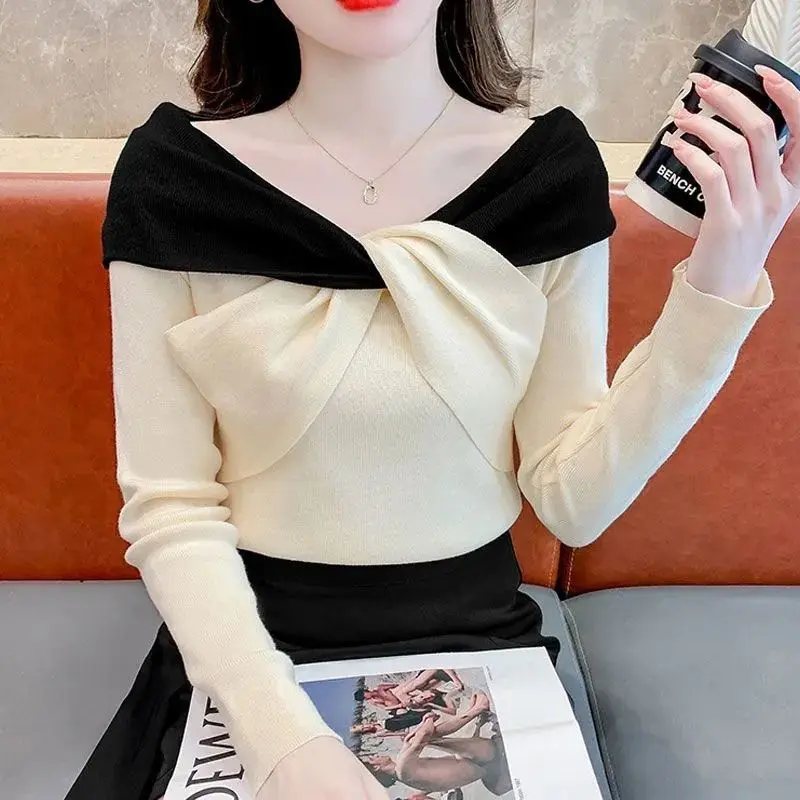 Áo Lớp Dệt Kim, Dành Cho Nữ, Thiết Kế Thắt Nơ, Khối Màu, Mùa Thu Và Mùa Đông Mới, Áo Độc Đáo Áo Len Trễ Vai Màu Tương Phản Siêu Đẹp, Quần Áo Nữ Top Women aolennu 0