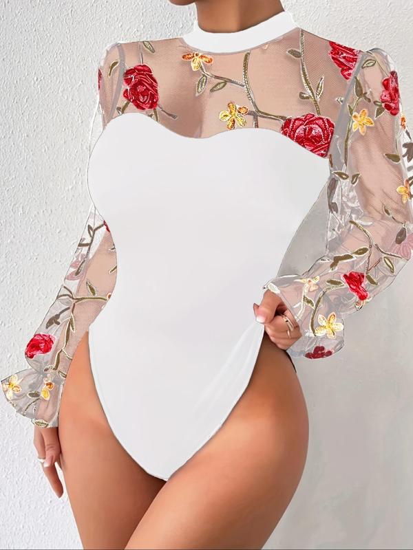 Women's Floral Embroidery Sheer Contrast Mesh Flounce Sleeve Bodysuit, Elegant Mock Neck Long Sleeve Bodycon One Piece Bodysuit For Vacation Holiday, Ladies Spring & Fall Clothes 6