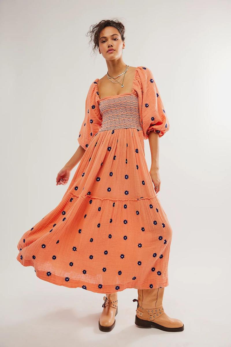 Product Introduction of Women's Floral Embroidery Frill Trim Shirred Flounce Sleeve Dress, Boho Fashion Long Sleeve Square Neck A Line Dress for Daily Holiday Vacation Wear, Ladies Dress for All Seasons, Dresses for Women, Spring Dress Casual Womenswear jaded london  dress 18