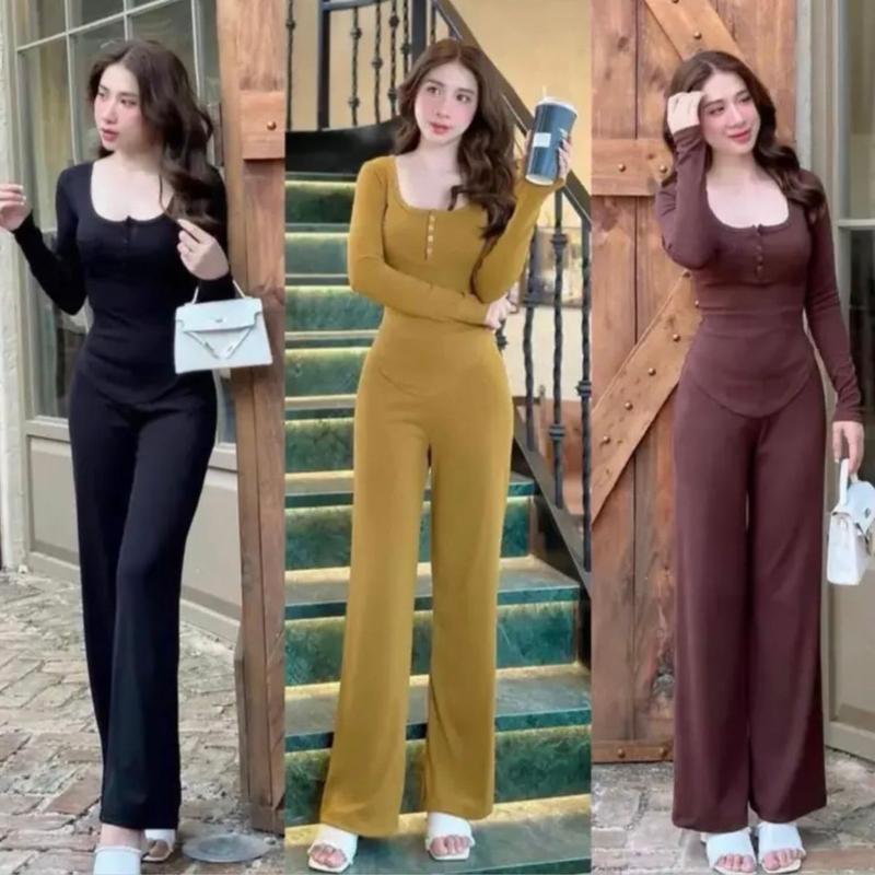 Set Đồ Nữ Đẹp Sang Chảnh Bigsize Tay Dài Quần Dài Thu Đông ESHOP Đồ Bộ Nữ Đẹp Sang Kiểu Đẹp Mặc Nhà Đi Chơi Thoải Mái Thun Gân Tăm Lạnh Co Giãn Áo Top Women