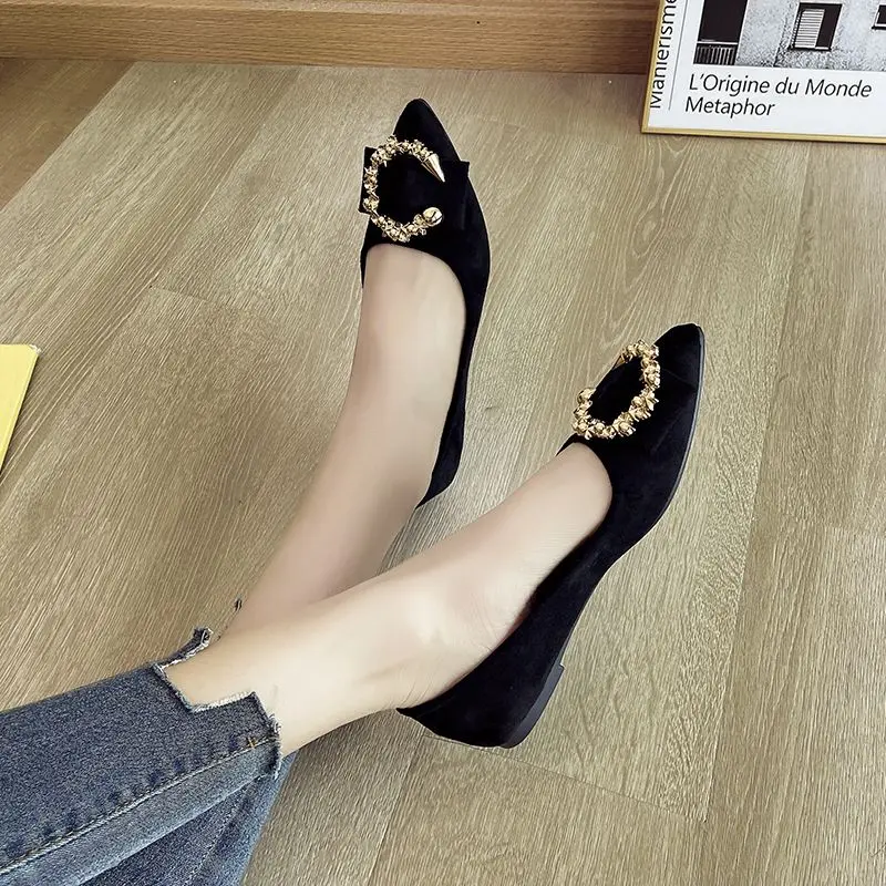Giày Đế Bằng, Mũi Nhọn, Phong Cách Hàn Quốc Mới Nhất, Thích Hợp Cho Mùa Lò Xo Và Mùa Thu, Gót Bằng, Chất Liệu Da Lộn, Cắt Thấp, Gommino, Thời Trang Nữ, Giày Dễ Phối Đồ Shoes 4