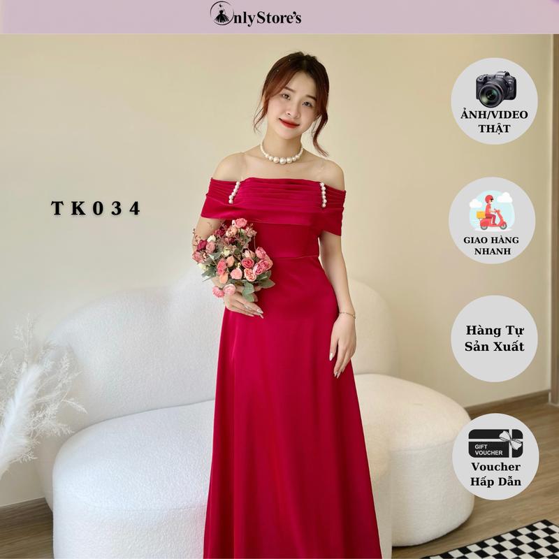 TK034 Đầm nữ lụa trể vai dáng xòe kèm ngọc trai 0