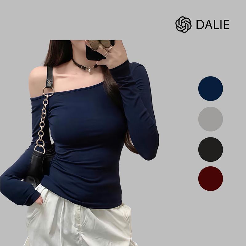 Áo thun dài tay lệch vai cotton mịn DALIE áo ôm body dài tay tôn dáng trẻ trung - A08 0