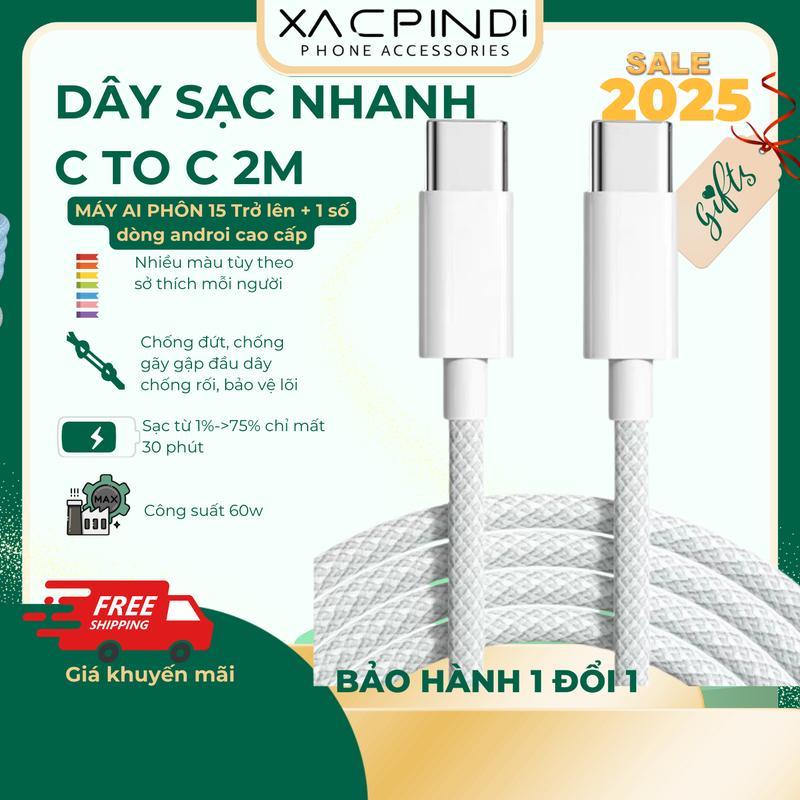 Cáp Sạc Nhanh Type-C to C Dài 2M – Bọc Dù Chống Đứt – Dùng Cho iPhone 15 15 Pro Max