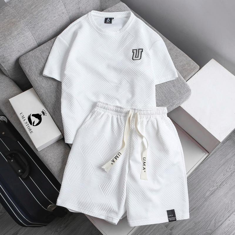  Bộ quần áo xốp nam nữ cổ tròn ngắn tay thêu hình Kẻ sọc Tay ngắn dây rút bản to Có thể giặt bằng máy ba màu đen trắng xám  POLOUMAOR  Menswear 