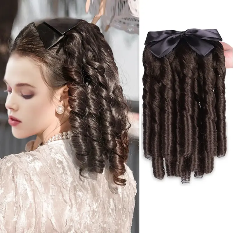 Sambungan Rambut Ekor Kuda Kerinting Hitam, Bahan Sintetik, dengan ...