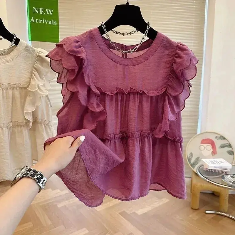 Áo Sơ Mi Cổ Tròn, Ngắn Tay, Xếp Nhún Kiểu Pháp, Tay Bay, Áo Cánh Ngọt Ngào Mùa Hè Cho Nữ, Dáng Rộng Vừa Vặn, Áo Không Tay Sang Trọng Độc Đáo
