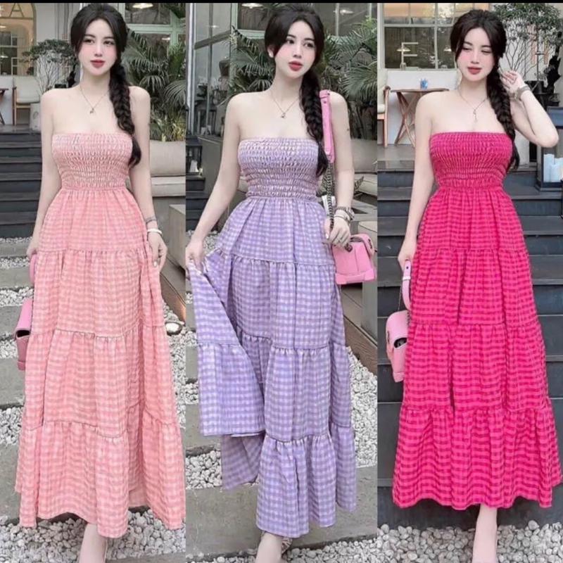 Đầm Ống Nhún V1 Caro Hồng Dáng Xoè Dài Rộng Váy quây dáng dài maxi kẻ caro chun ngực viền bèo Đầm nữ cúp ngực vintage dáng xòe retro đi biển
