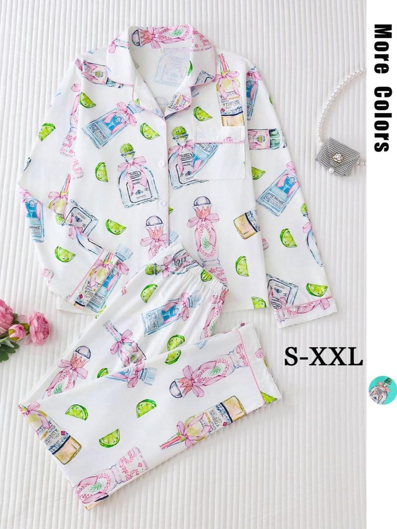 Product Introduction of Women's All Over Print Lapel Neck Button Front Pajama Two-piece Matching Set, Casual Long Sleeve Pocket Top & Elastic Waist Pants Pj Set, Casual Comfortable Sleepwear Set for Women, Nightwear, Pajama Sets 1