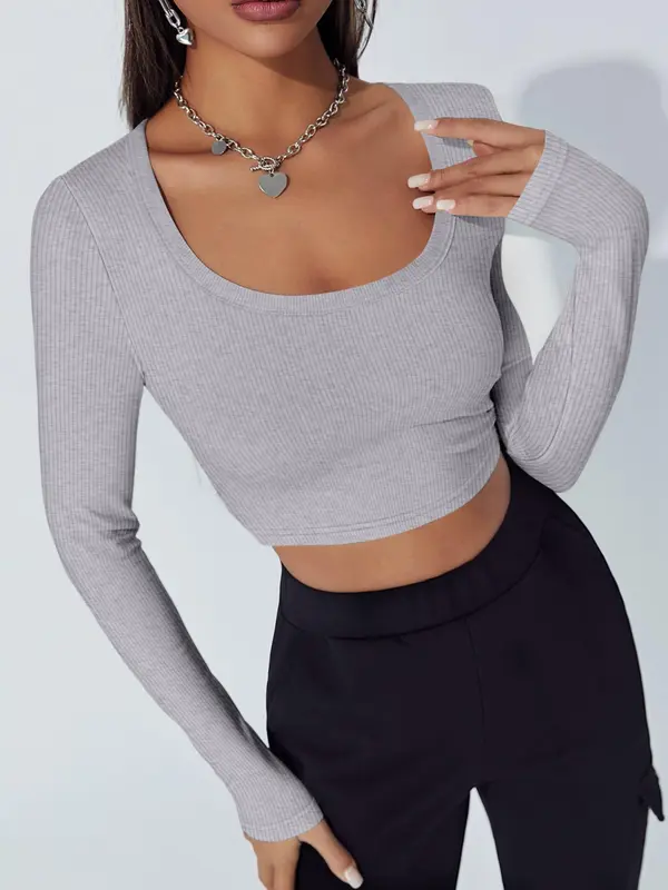 Women's Solid Long Sleeve Crop Tee, Casual Comfy Ribbed T-shirt for Daily Wear, Ladies Clothes for All Seasons 2