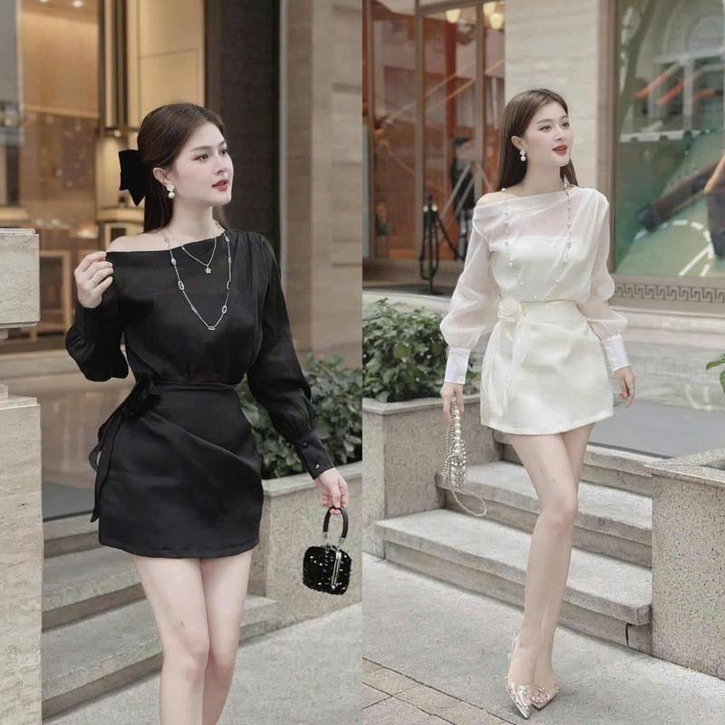 Sét Nữ 3 Món Áo Lệch Tơ kèm Lót, Chân Váy Tapta xinh xắn, trẻ trung thích hợp cho các nàng đi chơi phố, đi dự tiệc cùng với chị em, bạn bè