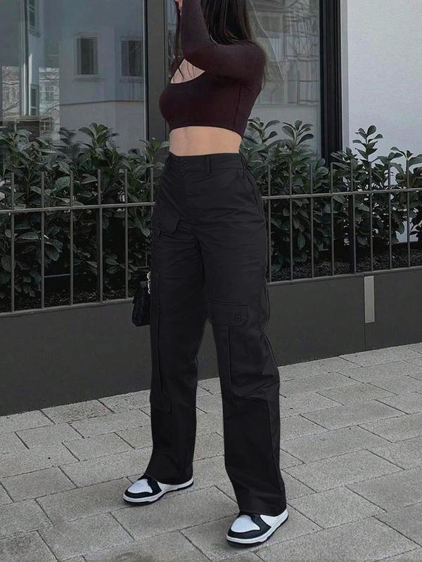 Women's Plain High Waist Flap Pocket Cargo Pants, Y2K Casual Street Basic Minimalist Comfort Straight Leg Trousers for Spring & Fall, Lady Bottoms for Daily Wear, Womenswear 5