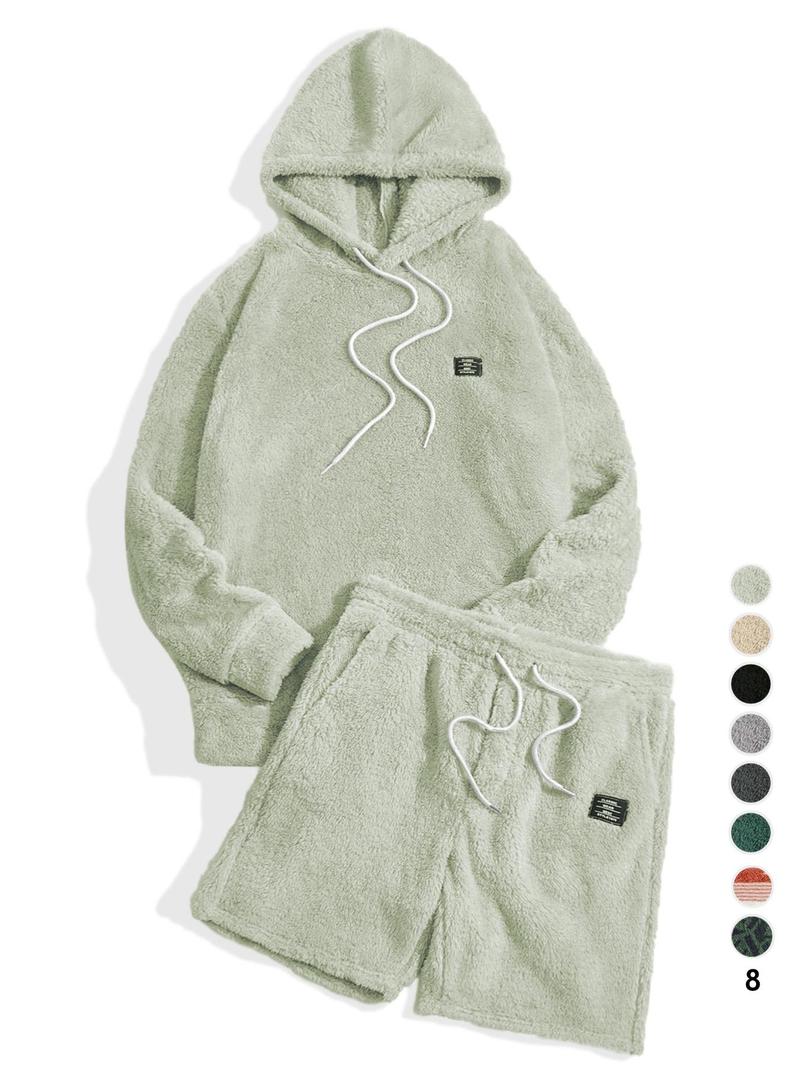 Product Introduction of Two-piece Set Men's Letter Patched Drop Shoulder Hoodie & Drawstring Waist Shorts Set, Men's Sweatsuit Set, Casual Fashion Cozy Regular Fit Outfits for Daily Outdoor Wear, Menswear, Men's Clothes Suits for Fall & Winter, Men's 2 Piece Set, Two Piece Men 1