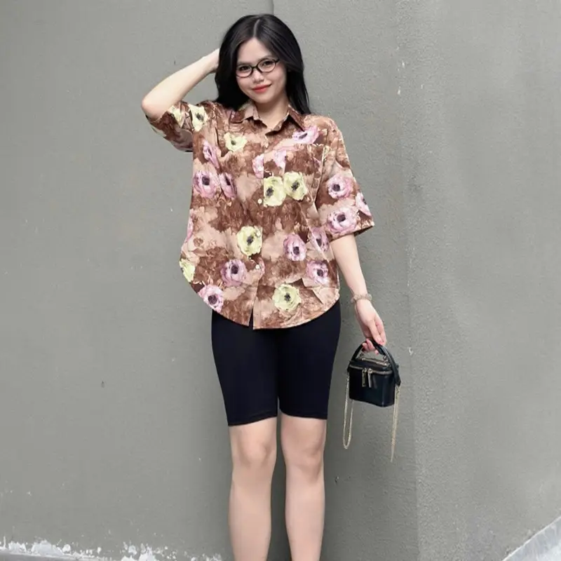Bộ sơ mi phom rộng quần ngố hàng Freesize 45-70kg Nữ Women Voi Top Shirt Nhung 5