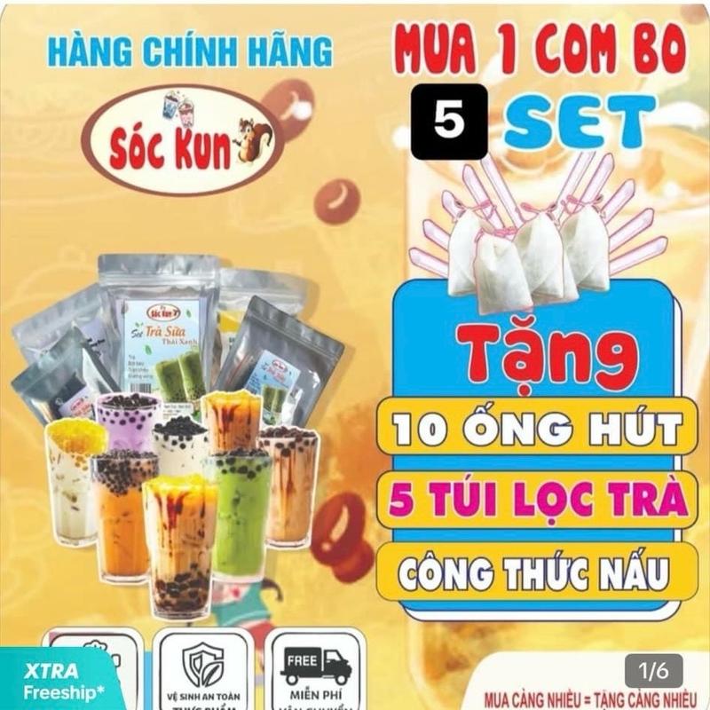 Combo 5 set TRÀ Sữa khoai môn việt quất thái xanh đường đen socola tặng 10 ống hút - 5 túi lọc trà - kèm công thức nấu sau mặt Tem - TRÀ SỮA SÓC KUN NGON TOPPING Bột