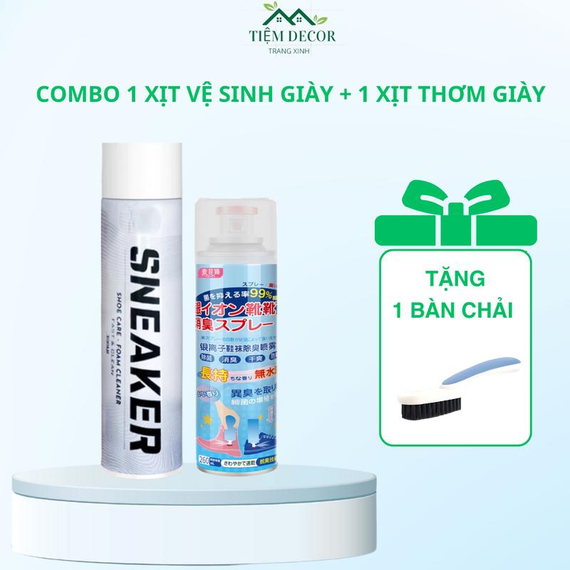 [ TẶNG 1 BÀN CHẢI ] COMBO 1 CHAI XỊT VỆ SINH GIÀY + 1 CHAI XỊT THƠM GIÀY, Làm sạch bóng giày dép và khử mùi giày dép