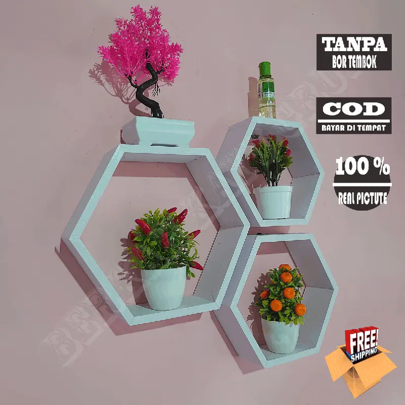 AK SEGI ENAM 3 PCS-rak dinding HEXSAGONAL,rak dinding minimalis,Hexsagonal kayu,hiasan dinding