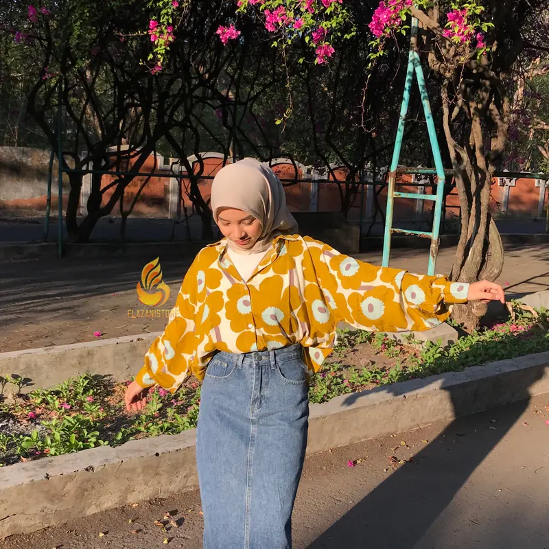 Flazani-￼Kemeja Basic Oversize Lengan Puffy Korean Style Rayon Motif New Series kemeja Jumbo Kemeja Tangan Kancing Kemeja Casual Atasan Wanita Atasan Kerja Atasan Motif Baju Viscose Panjang Katun 4