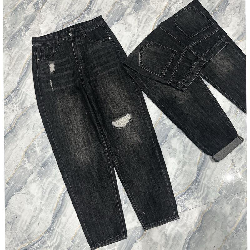 [025] Quần Jean Baggy Nữ QC Màu Đen Tiêu Rách Gối Denim