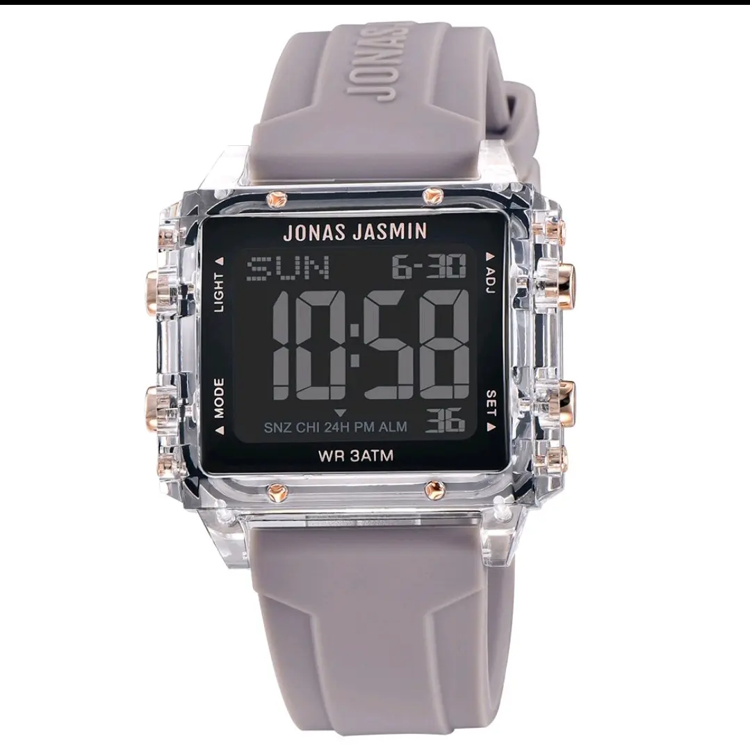 JONAS JASMIN ORIGINAL CASE KOTAK TRANSPARAN DIGITAL JJ-5315SAX || JAM TANGAN FASHION WANITA STRAP RUBBER DIAMETER 4CM FREE BOX KANCING + KARTU GARANSI