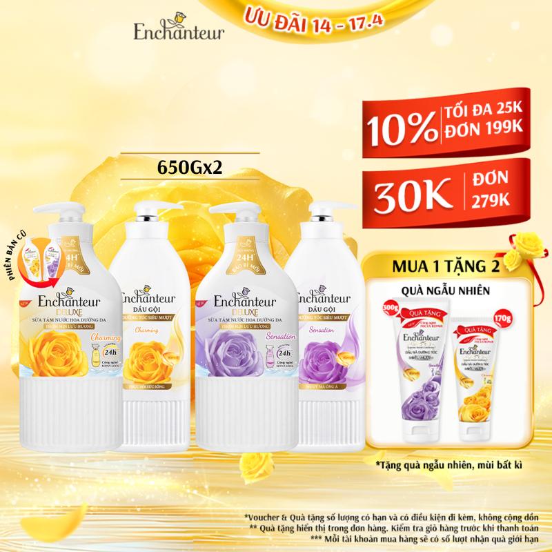 [TẶNG 2 DẦU XẢ 170G] Combo Dầu Gội Dưỡng Tóc Siêu Mượt và Sữa Tắm  Dưỡng Da Body dành cho nữ Nước Hoa Thơm Mịn Enchanteur Charming 650gr/ chai