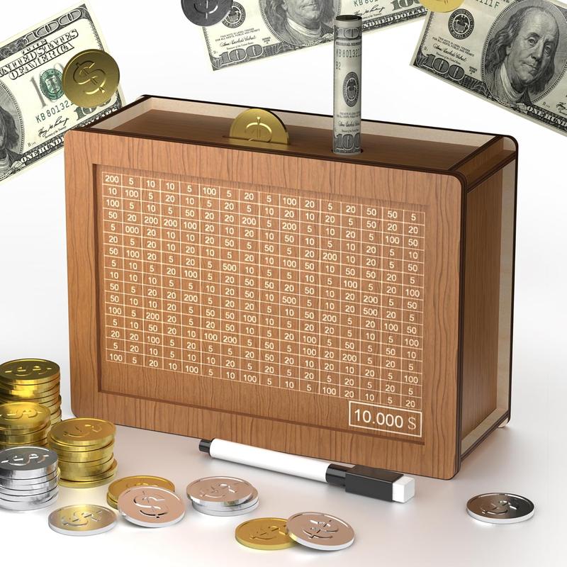 10000 Savings Challenge Box, Cash Vault Wooden Savings Box 10000 ...