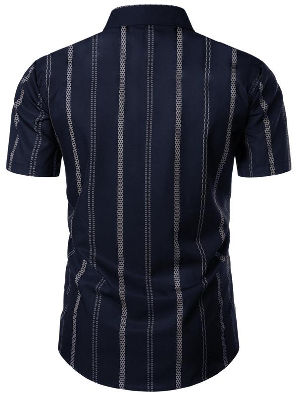 Men's Regular Fit Striped Print Button Front Shirt, Casual Short Sleeve Collar Top for Summer, Fashion Men's Clothes for Daily Wear 4