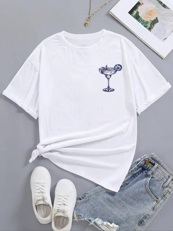 Women's Letter Beverage Graphic Round Neck Graphic Tees, Plus Size Clothes Uk, Fashion Casual Drop Shoulder Short Sleeve T-shirt for Summer Beach Party, Vintage Graphic Tees, Tops for Women, T Shirts for Women, Tops That Hide Stomach, Womenswear 5