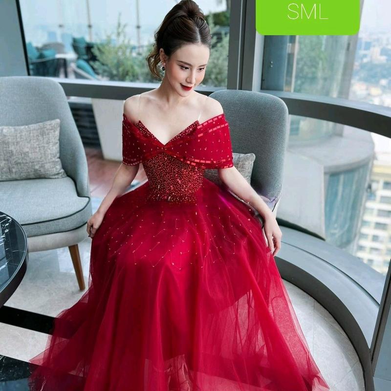 ĐẦM CÔ DÂU XOÈ TRỄ VAI KẾT 33SK Nữ Kem Women Dress Kim Tuyến Đỏ 3