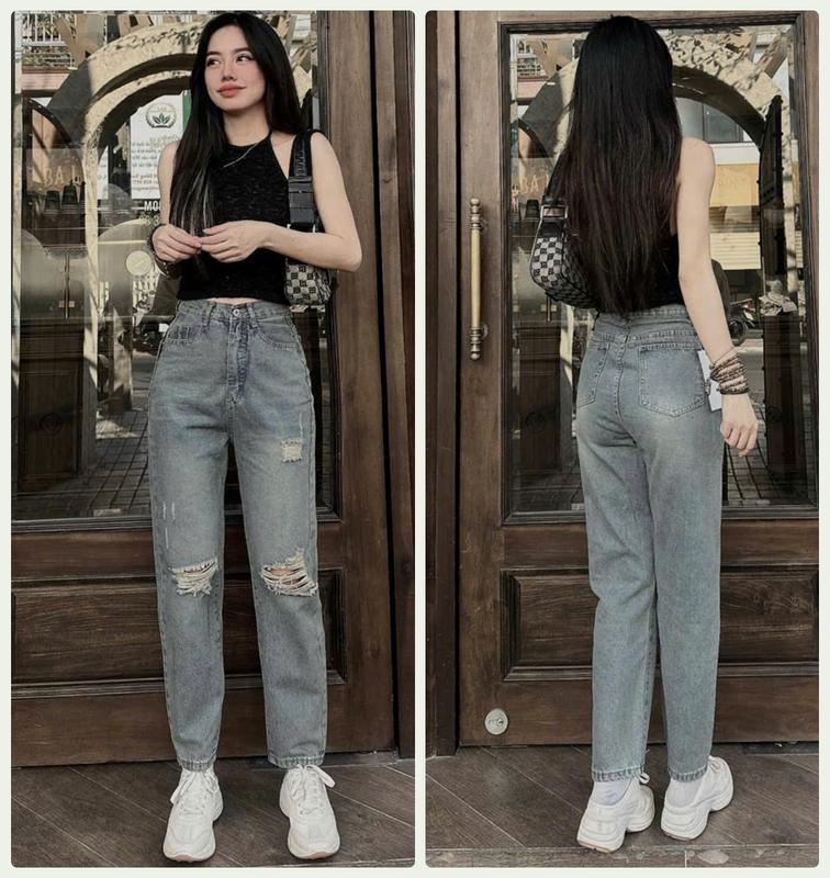 QUẦN BAGGY JEAN NỮ LƯNG CAO RÁCH CÀO HAI ĐẦU GỐI MÀU XANH NHẠT ÔM DÁNG CÁ TÍNH THỜI TRANG