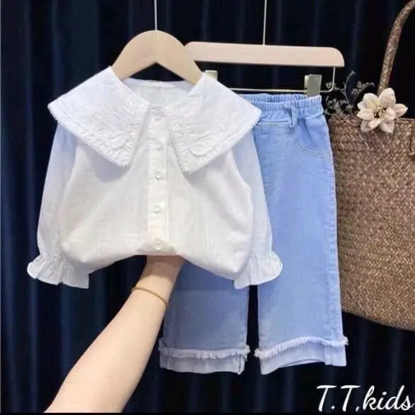 [12-40kg] Sét bộ sơ mi, áo sơ mi lụa quần jean xuông mềm cho bé gái vân nhi kids đồ tốt nghiệp