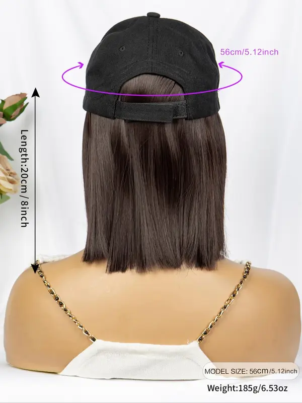 Short Straight Bob Wig with Baseball Cap, Casual Trendy Synthetic Hair for Daily Use, Striking Natural Fluffy Hair Wigs 1