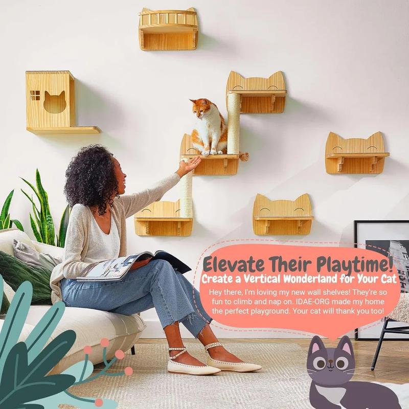 Product Introduction of IDAE Cat Wall Shelves Set of 9, Cat Wall Furniture for Large Cats - Modern Cat Shelves and Perches, Wall Mounted Cat Climber wit 5