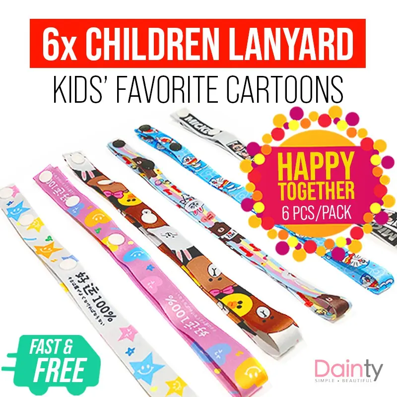 6x Children Face Mask Lanyard - Cony, Doraemon, Mickey Mouse, Neck Strap Card Holder, Gift | Dainty