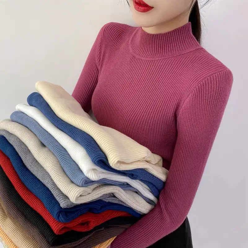Women's Knitted Sweater Women's Autumn and Winter New Slim Long Sleeve Sweater Half Turtleneck Knitted Inner Match Bottoming Shirt