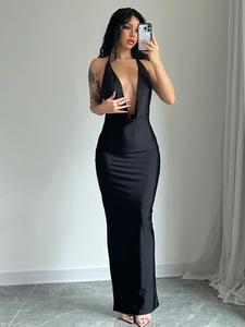 Vestido de satín sólido sin espalda con drapeado y amarre atrás, vestido ajustado largo sin mangas y con cuello halter para fiesta de noche, vestidos elegantes y bonitos, ropa de verano para damas