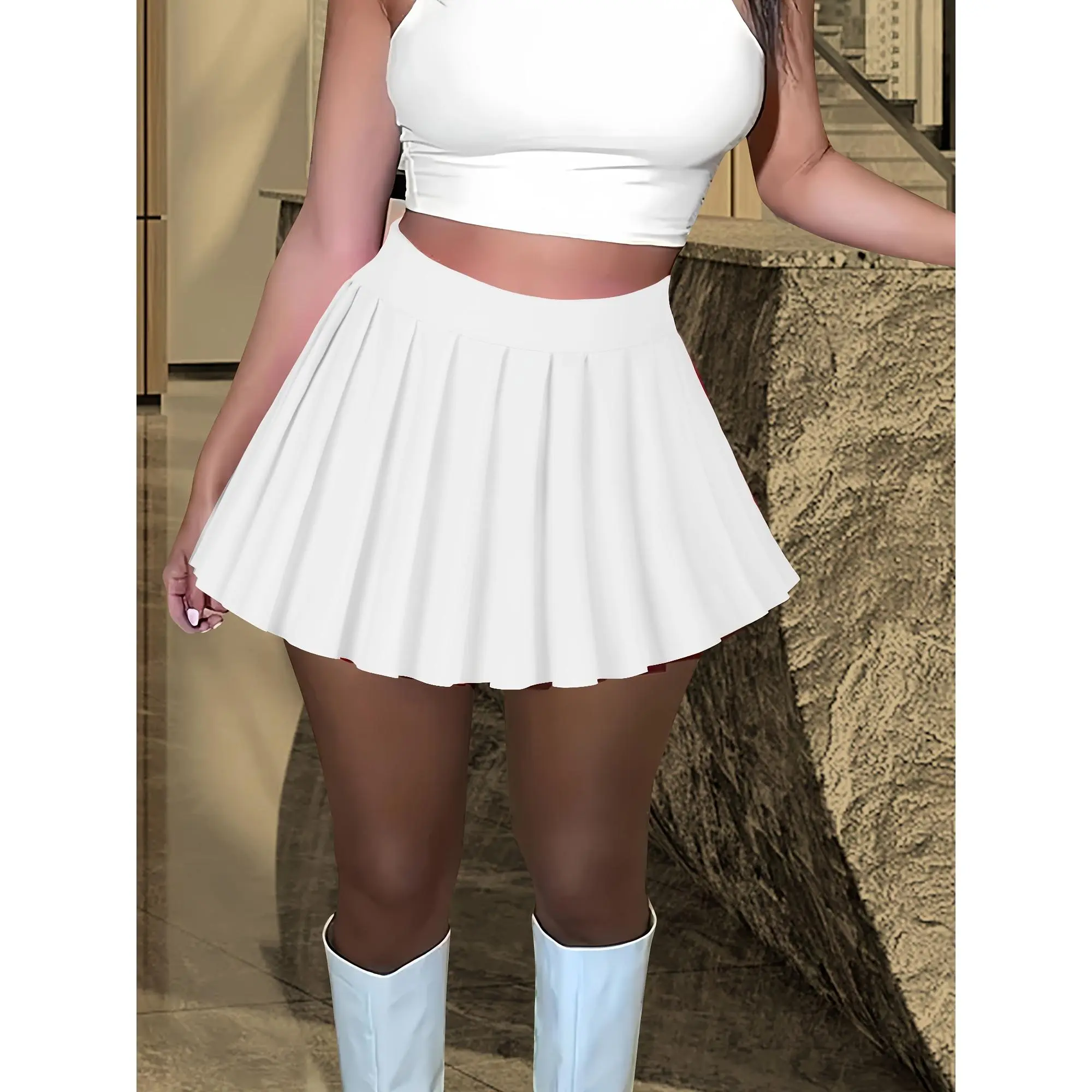 Women's Solid Color Versatile High-Waisted Pleated Mini Skirt - Fashionable Item Suitable for Women