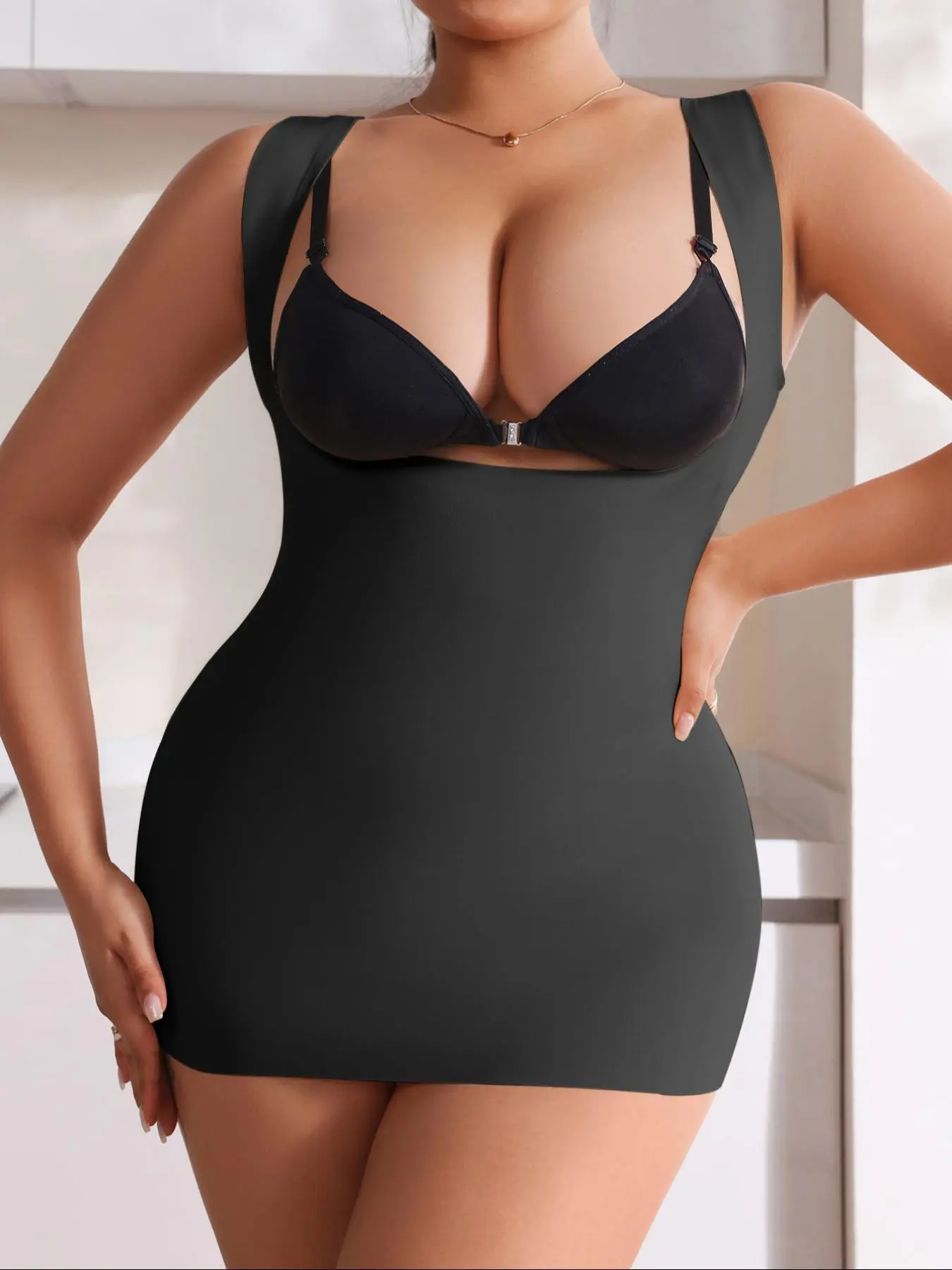 【Plus Size】 Solid Color Open Bust Shapewear Dress without Bra, Tummy Control High Stretch Shaper, Women's Shapewear for Daily Wear