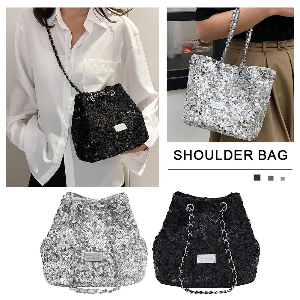 Women Crossbody Bag Fashion Chain Decor Handbag Bling Bling Bucket Bag Phone Bag