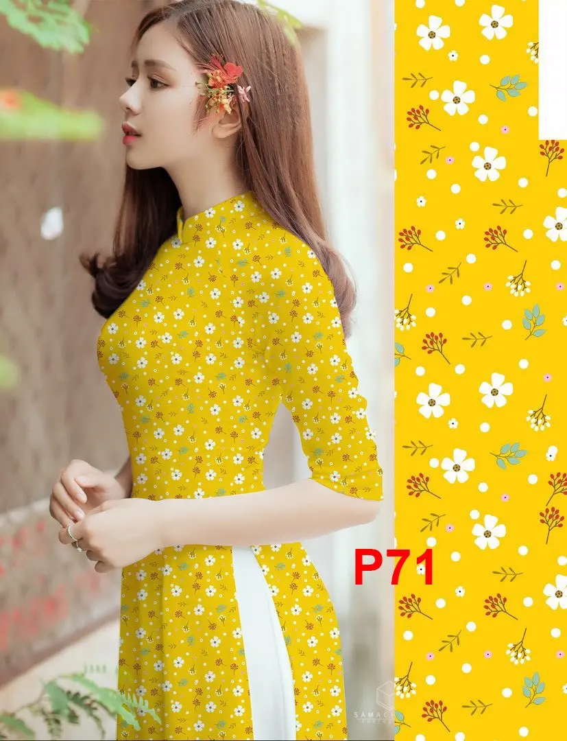 Áo dài hoa nhí vàng lụa Nhật in 8D _ Mã P71