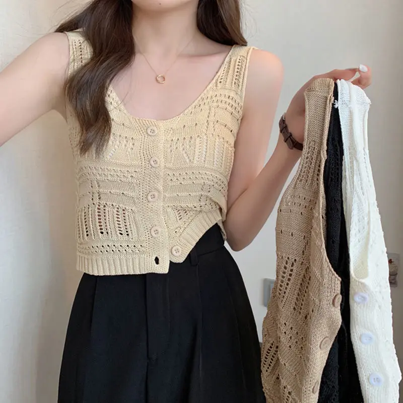Women Hollow Out Knitted Tank Top Summer Solid Color Sleeveless Button  Crop Top